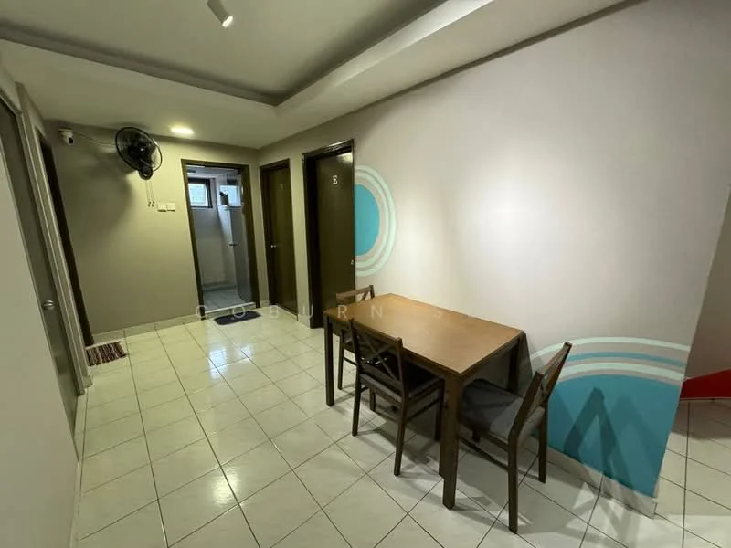 Room features: white painted walls, tile flooring, ceiling with recessed lighting, 1 wall-mounted split AC, wooden dining table, 4 wooden chairs, door leading to bathroom, door leading to another room; style: modern.