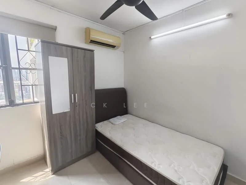 Bedroom features: single bed with mattress, wooden wardrobe with sliding doors, wall-mounted split AC, ceiling fan, window with grid bars, neutral painted walls, tile flooring, LED strip lighting; style: modern; view: city.