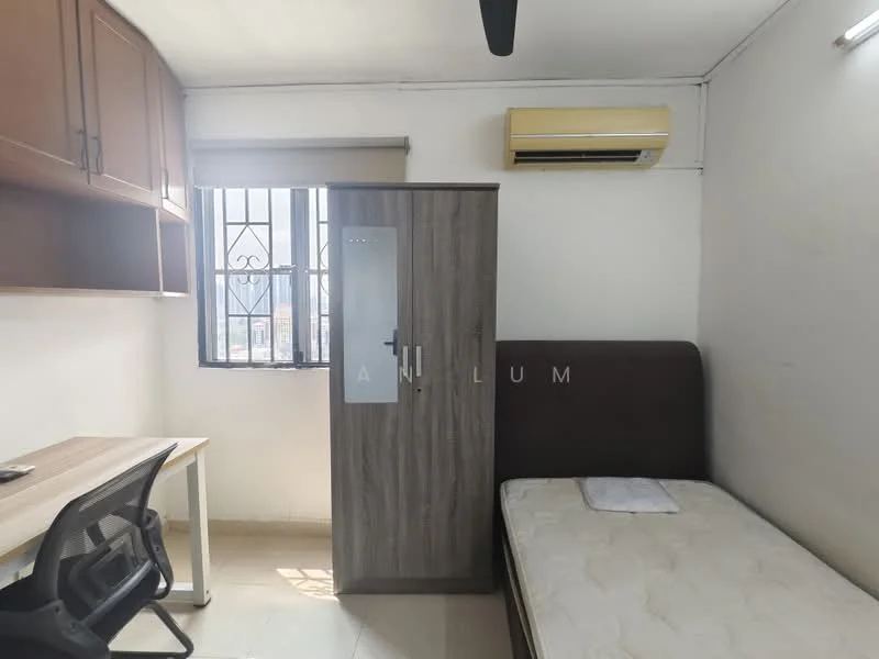 Bedroom features: single bed, wooden headboard, study desk with chair, built-in wardrobe with sliding door, wall-mounted air conditioning unit, window with security bars, cream painted walls, tile flooring; style: modern; view: city.