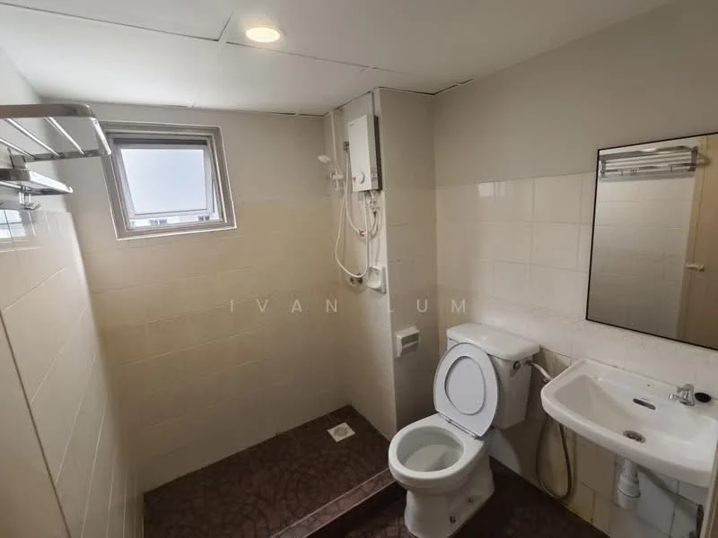 Bathroom features: white tiled walls, brown patterned floor tiles, toilet, sink with chrome faucet, mirror above sink, shower with wall-mounted showerhead, window for natural light, shower curtain rod, wall-mounted towel rack, water heater unit; style: modern.