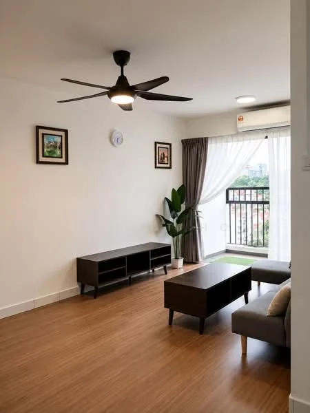 Living features: laminate wood flooring, white painted walls, 5-blade ceiling fan with light, floor-to-ceiling windows, sheer curtains, blackout curtains, wall-mounted clock, framed artwork, potted plant, TV console, coffee table, 2-seater fabric sofa in grey; style: modern; view: city.