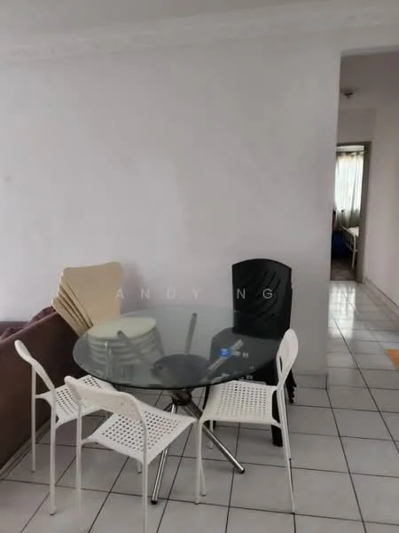 Dining features: glass dining table, 4 white plastic chairs, brown fabric sofa, white tiled flooring, plain white walls, natural light from window, ceiling light fixture; style: minimalist. Room features: white walls, white tiled flooring, visible hallway leading to other rooms.