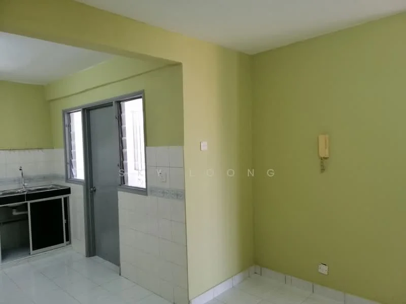 Room features: green painted walls, white tiled flooring, window with metal frame, single-bowl stainless-steel sink, kitchen cabinetry, door leading to outside, wall-mounted telephone, tile backsplash.