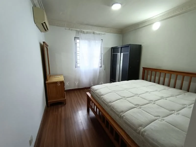 Bedroom features: queen-size bed with mattress, wooden bed frame, wooden bedside table, black wardrobe with sliding doors, wooden dresser, laminate flooring, white painted walls, window with sheer curtains, wall-mounted air conditioning unit, ceiling light fixture; style: modern.