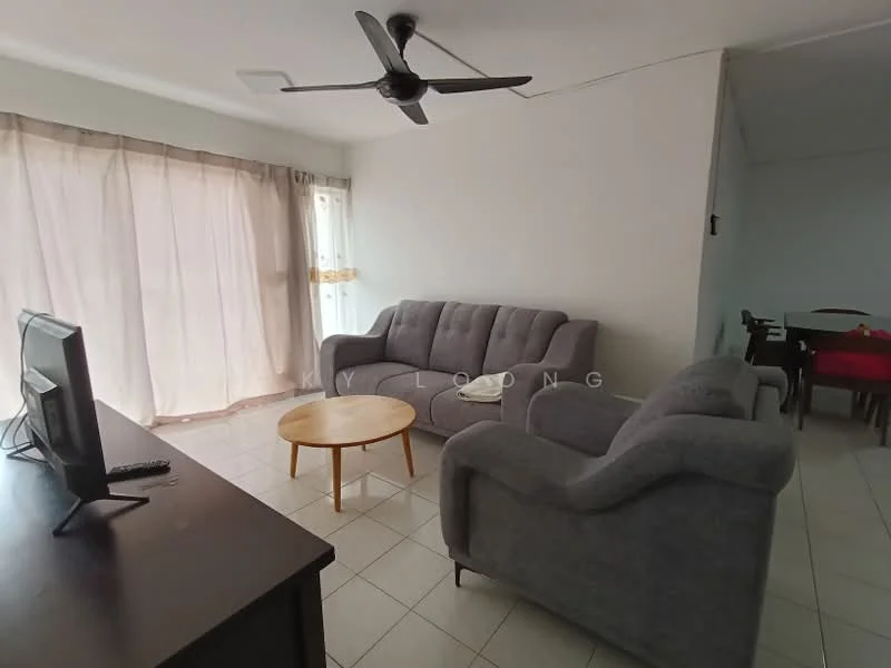 Living features: grey fabric 3-seater sofa, grey fabric 2-seater sofa, round wooden coffee table, floor-to-ceiling windows with sheer curtains, white painted walls, tile flooring, ceiling fan, TV console, wall-mounted TV; style: modern.