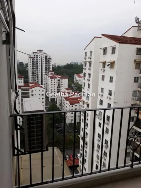 Room features: balcony with railing, view of surrounding buildings, concrete flooring, white walls, sliding glass door, overcast sky; view: city.