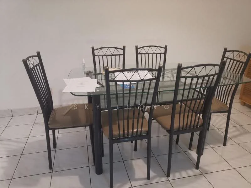 Dining features: glass dining table, 6 dining chairs with metal frame, cushioned seats, tiled flooring, neutral wall color, minimalist decor; style: modern.