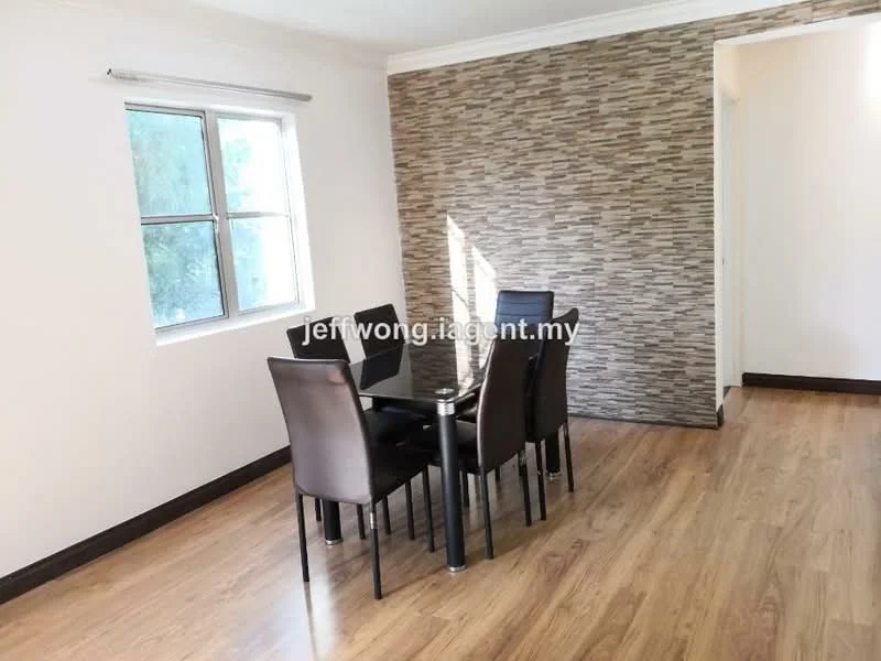 Dining features: black glass dining table, 4 black upholstered dining chairs, wooden flooring, feature wall with stone cladding, white painted walls, window with grid pattern, natural light from window, crown moulding; style: modern.
