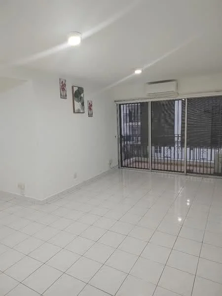 Living features: white painted walls, glossy white tile flooring, recessed downlights, sliding glass door, blackout roller blinds, air conditioning unit, framed artwork on walls, open layout; style: modern.