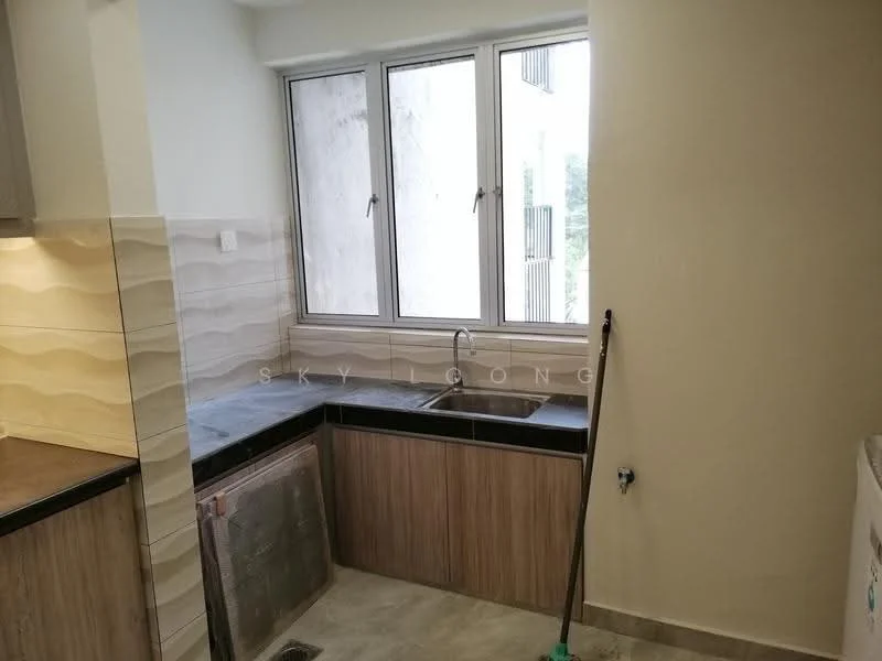 Kitchen features: single-bowl stainless-steel sink, chrome pull-down faucet, black countertop, wood cabinetry, cream tiled backsplash, grey ceramic tile flooring, floor-to-ceiling window, natural light from window; style: modern.