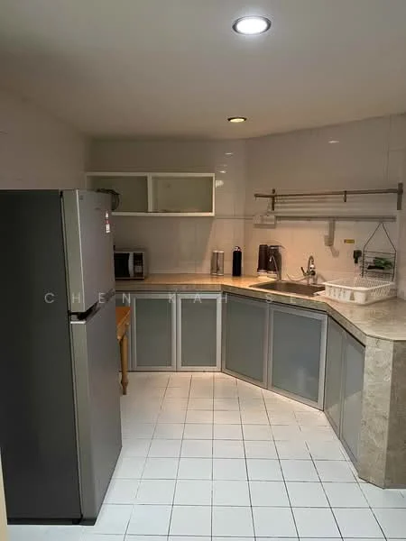 Kitchen features: L-shaped countertop, granite countertop, stainless-steel sink, chrome pull-down faucet, built-in microwave, stainless-steel fridge, wooden dining table, white tiled flooring, white backsplash, upper cabinets with glass doors, open shelving, kitchen utensils rack, recessed downlights; style: modern.
