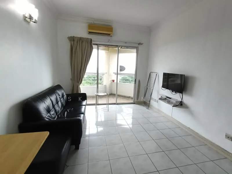 Living features: black leather sofa, glass coffee table, wall-mounted TV, floor-to-ceiling sliding glass door, curtains, air conditioning unit, white painted walls, tile flooring; style: modern; view: garden.