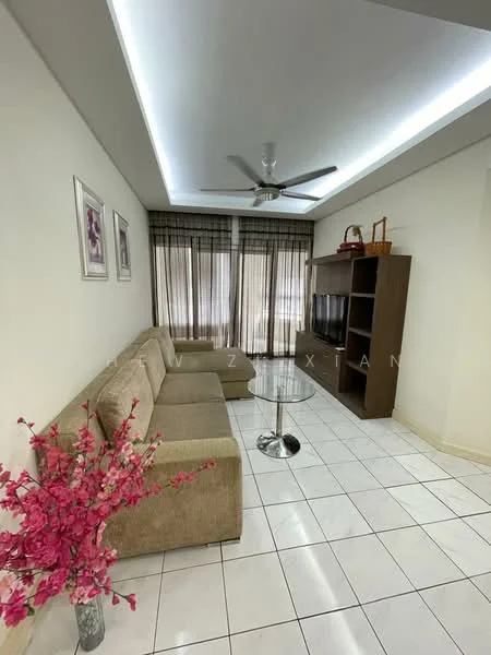 Living features: 3-seater fabric sofa in beige, glass coffee table, wall-mounted TV, TV console, ceiling fan with light, white painted walls, tile flooring, curtains with sheer and blackout layers, decorative flower arrangement in vase; style: modern.