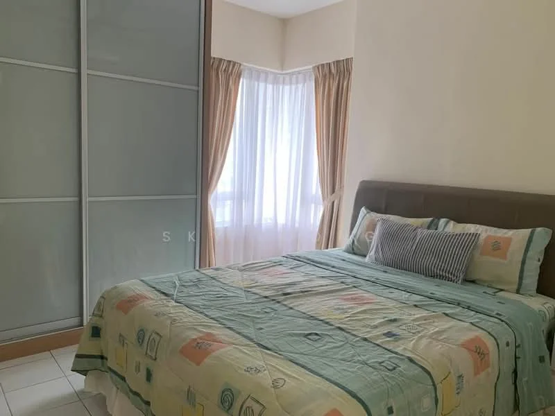 Bedroom features: queen-size bed with upholstered headboard, bedding with patterned design, floor-to-ceiling window with sheer curtains, built-in wardrobe with sliding doors, light-colored walls, tile flooring, decorative throw pillows, bedside table; style: modern.