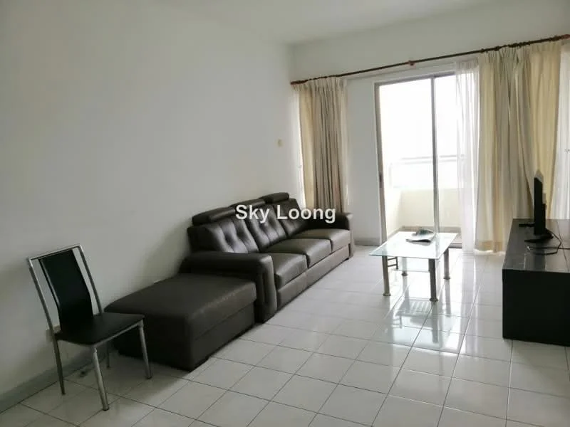Living features: 3-seater leather sofa in dark brown, L-shape sectional sofa, glass coffee table, TV console, wall-mounted TV, floor-to-ceiling sliding glass door, sheer curtains, white painted walls, glossy tile flooring, area rug, decorative wall clock; style: modern.
