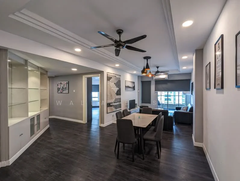 Dining features: dining table with glass top, upholstered dining chairs, 5-blade ceiling fan with light, recessed downlights, dark wood flooring, white painted walls, crown moulding, built-in shelving unit, wall-mounted artwork, large window with city view; style: modern; view: city. Living features: fabric sofa in grey, coffee table, TV console, wall-mounted TV, large window with city view; style: modern; view: city.
