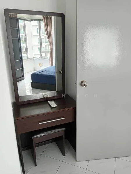 Room features: wooden vanity table with mirror, single chair, remote control on table, grey painted walls, white tiled flooring, floor-to-ceiling window, curtains, door with shiny finish; style: modern.