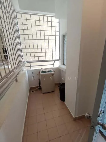 Laundry features: washing machine, window with grid, tile flooring, white painted walls, small trash bin, countertop, light fixture, door to hallway.