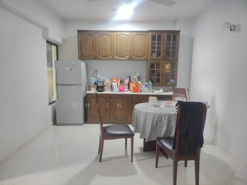 Kitchen features: brown wooden cabinetry, white ceramic tile flooring, round dining table with patterned tablecloth, 4 wooden dining chairs, stainless-steel fridge, countertop with various kitchen items, ceiling fan, window with view to outside; style: modern.