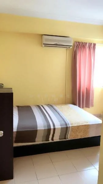 Bedroom features: yellow painted walls, tile flooring, single bed, striped bedspread, air conditioning unit, curtains in pink, window with natural light, built-in wardrobe.