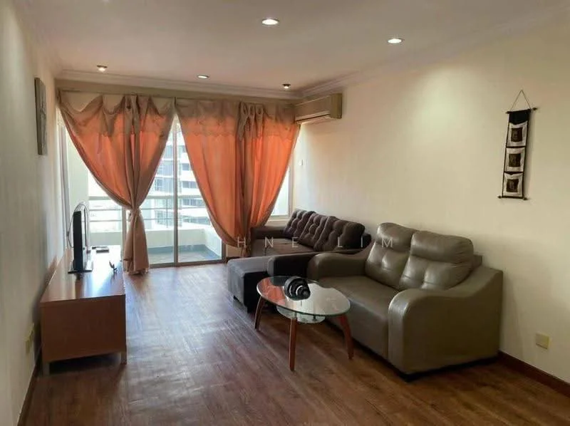 Living features: 2-seater leather sofa in grey, 3-seater fabric sofa in brown, glass coffee table, TV console, wall-mounted TV, floor-to-ceiling windows, sheer curtains in orange, air conditioning unit, wooden flooring, decorative wall hanging; style: modern; view: city.