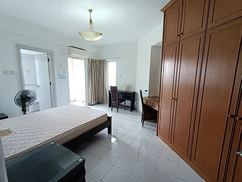 Bedroom features: queen-size bed, built-in wardrobe with wooden finish, study desk, chair, floor-to-ceiling window, curtains, ceiling light fixture, tile flooring, wall-mounted air conditioning unit, fan, white painted walls; style: modern.
