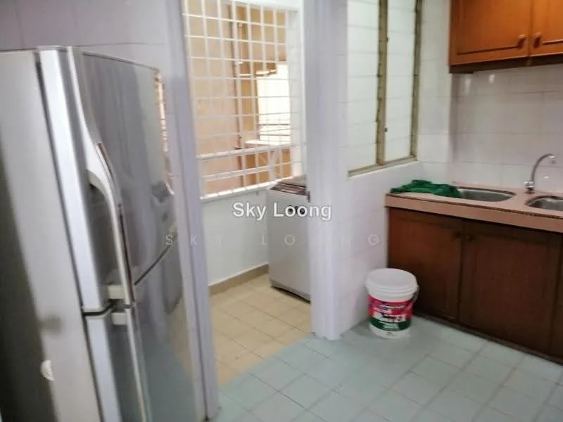 Kitchen features: stainless-steel fridge, double-bowl stainless-steel sink, chrome pull-down faucet, laminate countertop, wood cabinetry, tile backsplash, white tiled walls, green dishcloth, window with metal grille, floor tiles in light blue, washing machine, bucket, open shelving.