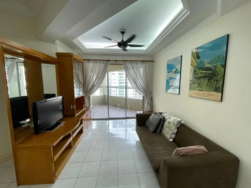 Living features: 3-seater fabric sofa in brown, wooden TV console, wall-mounted TV, ceiling fan with light, white painted walls, tile flooring, large glass sliding door, sheer curtains, decorative artwork on walls, recessed ceiling with lighting; style: modern; view: city.