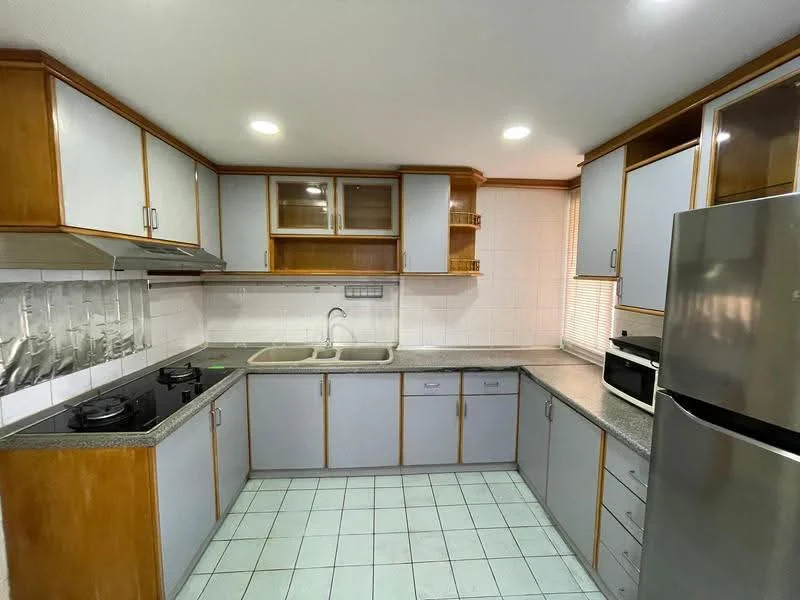 Kitchen features: grey granite countertop, light blue cabinetry, wooden cabinet doors, double-bowl stainless-steel sink, chrome pull-down faucet, built-in gas stove, built-in oven, microwave, refrigerator, tile backsplash, white tiled flooring, recessed downlights; style: modern.