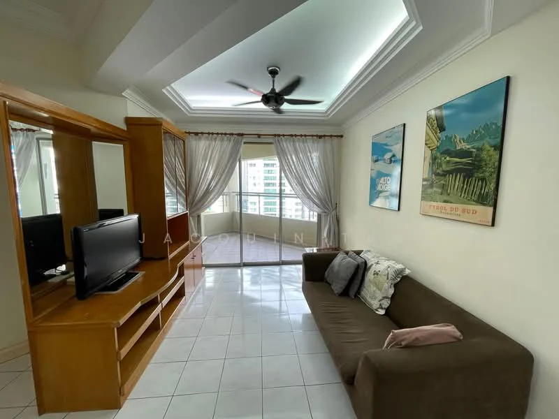 Living features: 3-seater fabric sofa in brown, wooden TV console, wall-mounted TV, floor-to-ceiling windows, sheer curtains, recessed downlights, tray ceiling, ceramic tile flooring, decorative wall art, area rug; style: contemporary; view: city.