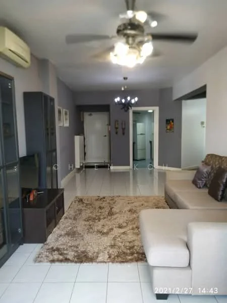 Living features: 3-seater fabric sofa in beige, area rug with geometric pattern, wall-mounted TV, TV console, ceiling fan with light, white painted walls, tile flooring, decorative wall art, light fixture, doorway leading to other rooms; style: modern.