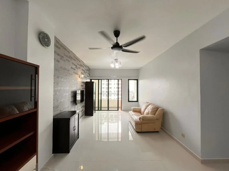 Living features: cream leather sofa, 3-blade ceiling fan with light, wall-mounted TV, black TV console, wooden shelving unit, grey accent wall, white painted walls, glossy tile flooring, floor-to-ceiling windows, natural light, recessed lighting; style: modern; view: city.