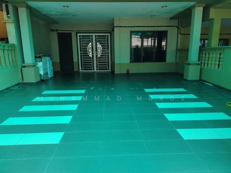 Exterior features: tiled flooring, covered patio area, metal security door, large windows, balustrade railings, fire extinguisher, open space layout; style: modern.