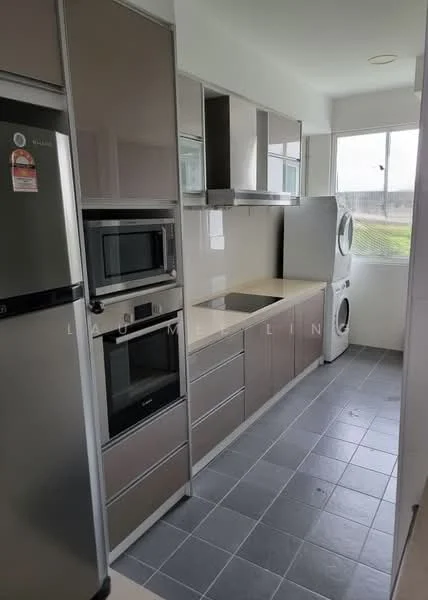 Kitchen features: stainless-steel fridge, built-in microwave, built-in oven, freestanding washing machine, single-bowl stainless-steel sink, chrome pull-down faucet, laminate countertop, grey tiled flooring, white cabinetry with flat-panel design, window with view of greenery, recessed downlights; style: modern; view: garden.