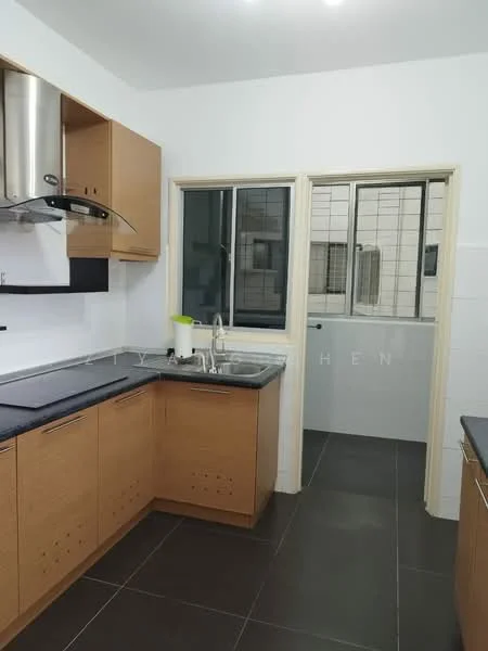 Kitchen features: brown wooden cabinetry, black granite countertop, single-bowl stainless-steel sink, chrome pull-down faucet, stainless-steel range hood, ceramic tile backsplash, white tiled walls, dark tile flooring, window with metal grille, built-in oven, kitchen island, open shelving; style: modern.