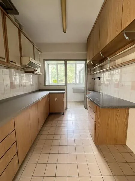 Kitchen features: wood cabinetry, grey countertop, white tiled backsplash, built-in oven, stainless-steel range hood, double-basin sink, window with view, tile flooring, open shelving, wall-mounted cabinets; style: modern; view: garden.