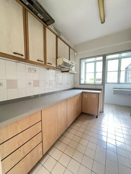 Kitchen features: light wood cabinetry, grey laminate countertop, white tiled backsplash, stainless-steel range hood, built-in oven, single-bowl stainless-steel sink, window with garden view, tile flooring, under-cabinet lighting, pull-out drawers, open shelving, wall-mounted cabinets; style: modern; view: garden.