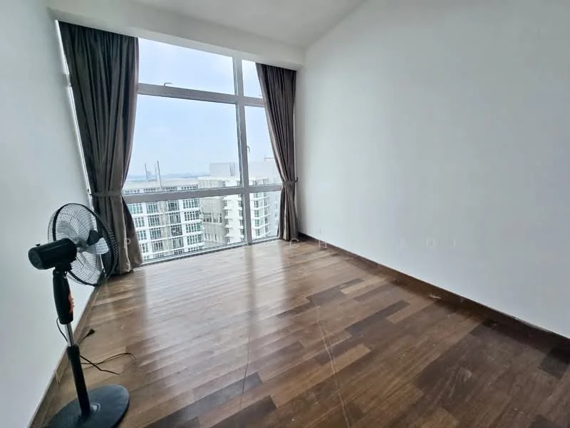 Room features: wooden flooring, floor-to-ceiling windows, grey curtains, wall-mounted fan, white painted walls, high ceiling, city view; style: modern; view: city.