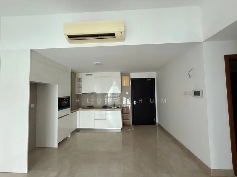 Kitchen features: white cabinetry, built-in oven, stainless-steel sink, chrome pull-down faucet, marble countertop, ceramic tile backsplash, recessed downlights, 1 wall-mounted split AC, open layout, cream-colored walls, polished marble flooring; style: modern.