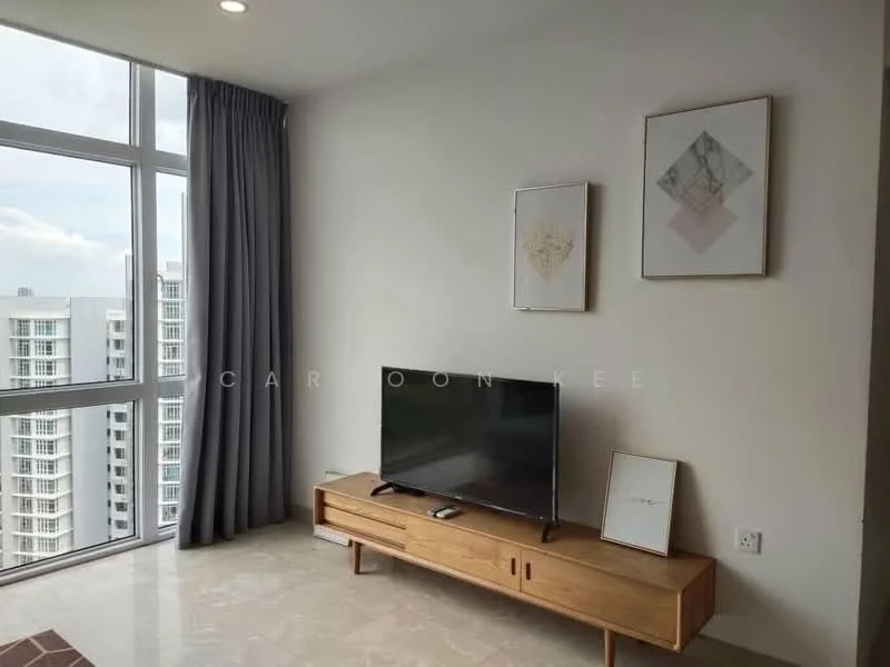 Living features: floor-to-ceiling windows, grey curtains, wooden TV console, wall-mounted TV, framed artwork on walls, marble flooring, decorative wall art, neutral wall colour; style: modern; view: city.