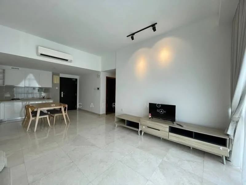 Living features: marble tile flooring, white painted walls, recessed downlights, wall-mounted TV, light wood TV console, light wood dining table, 4 dining chairs, air conditioning unit, floor-to-ceiling windows with sheer curtains; style: modern.