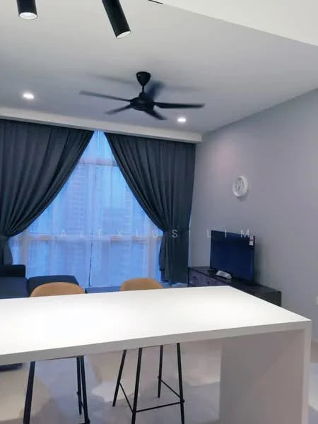 Living features: 5-blade ceiling fan with light, floor-to-ceiling windows, grey painted walls, dark curtains, light-colored sofa, TV console, wall-mounted TV, area rug, dining table with chairs, recessed downlights; style: modern; view: city.