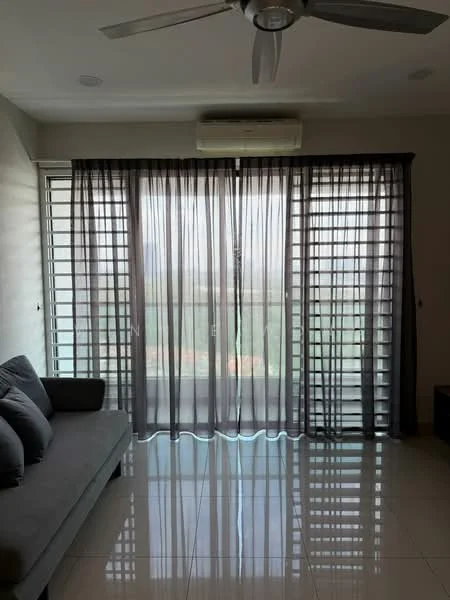 Living features: grey fabric sofa, floor-to-ceiling windows, sheer curtains, recessed downlights, 1 wall-mounted split AC, glossy tile flooring, neutral wall colour, decorative wall, ceiling fan; style: modern; view: garden.