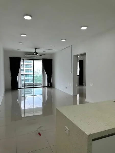Living features: white painted walls, glossy ceramic tile flooring, recessed downlights, 5-blade ceiling fan with light, floor-to-ceiling windows, blackout curtains, city view, open layout, air conditioning unit; style: modern; view: city.