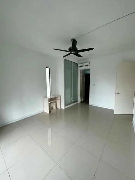 Room features: white painted walls, glossy tile flooring, ceiling fan, wall-mounted split AC, single window, glass sliding door, built-in wardrobe, desk or console table; style: minimalist.