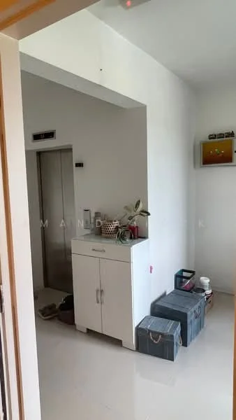 Room features: white painted walls, glossy tile flooring, elevator access, white cabinet with two doors, decorative items on cabinet, storage boxes, wall-mounted shelf, natural light from doorway; style: modern.