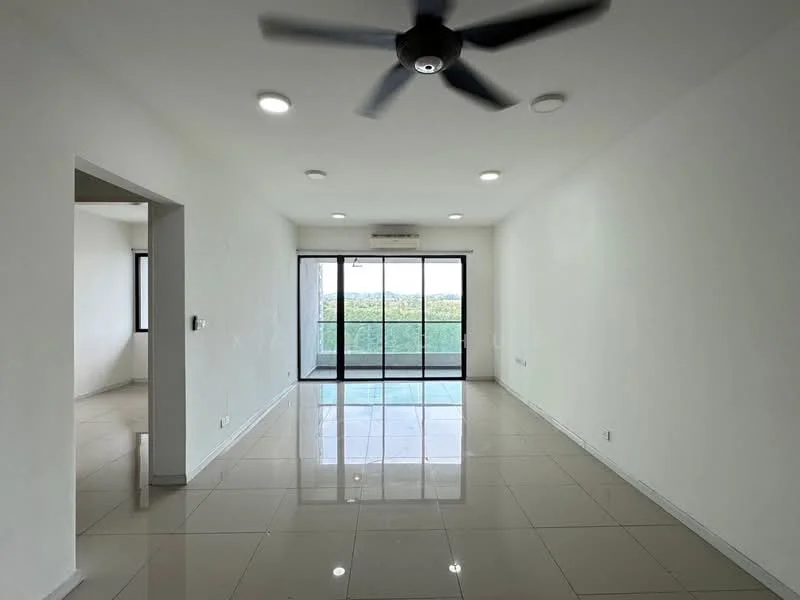 Living features: white painted walls, glossy ceramic tile flooring, 5-blade ceiling fan with light, recessed LED downlights, floor-to-ceiling windows, sliding glass door, balcony view, air conditioning unit; style: modern; view: garden.
