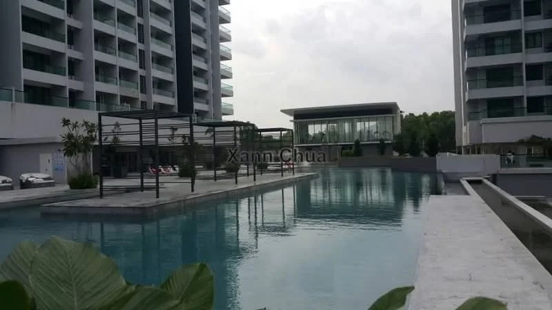 Exterior type: high-rise condominium; features: infinity pool, pool deck with loungers, landscaped garden, glass facade on clubhouse, manicured lawn, modern architectural design, surrounded by greenery; style: modern.