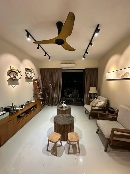 Living features: 5-blade ceiling fan with light, recessed LED downlights, wooden coffee table, 2 wooden stools, light-coloured wall, cream painted walls, floor-to-ceiling windows, curtains, wooden console table, decorative wall shelves, area rug, upholstered armchairs; style: modern; view: city.