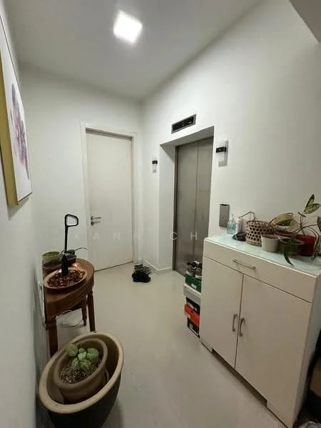 Room features: white painted walls, light grey flooring, ceiling light fixture, elevator access, wooden cabinet, potted plants, small side table, shoes on the floor; style: modern.